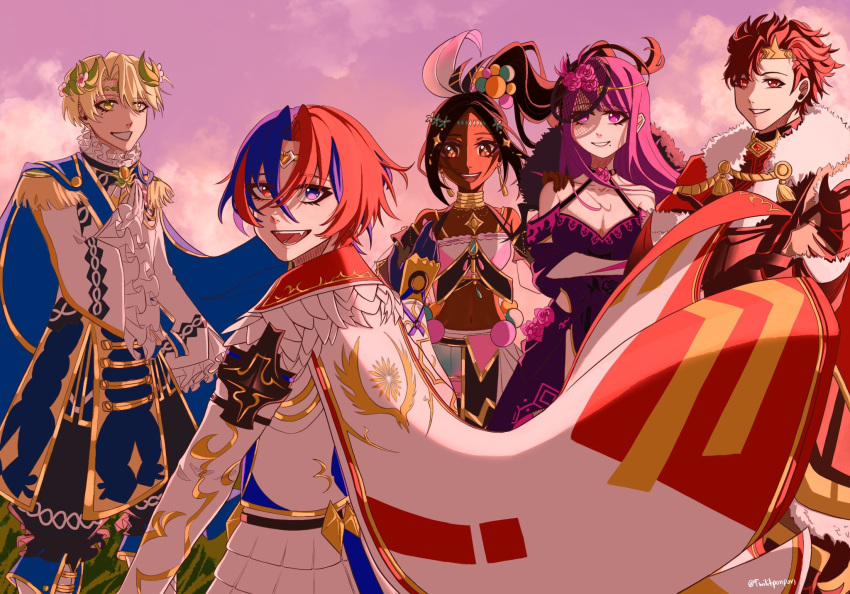 2girls 3boys alear_(fire_emblem) alear_(male)_(fire_emblem) alfred_(fire_emblem) black_hair blonde_hair blue_cape blue_eyes blue_hair brown_eyes cape circlet crop_top crossed_bangs dark-skinned_female dark_skin detached_sleeves diamant_(fire_emblem) dress fire_emblem fire_emblem_engage frilled_sleeves frills gloves green_eyes hair_between_eyes hair_ornament heterochromia highres ivy_(fire_emblem) jewelry long_hair long_sleeves looking_at_another looking_at_viewer multicolored_hair multiple_boys multiple_girls navel necklace open_mouth purple_hair red_eyes redhead short_hair smile split-color_hair teeth timerra_(fire_emblem) twilitponpon two-tone_hair upper_teeth_only violet_eyes white_cape
