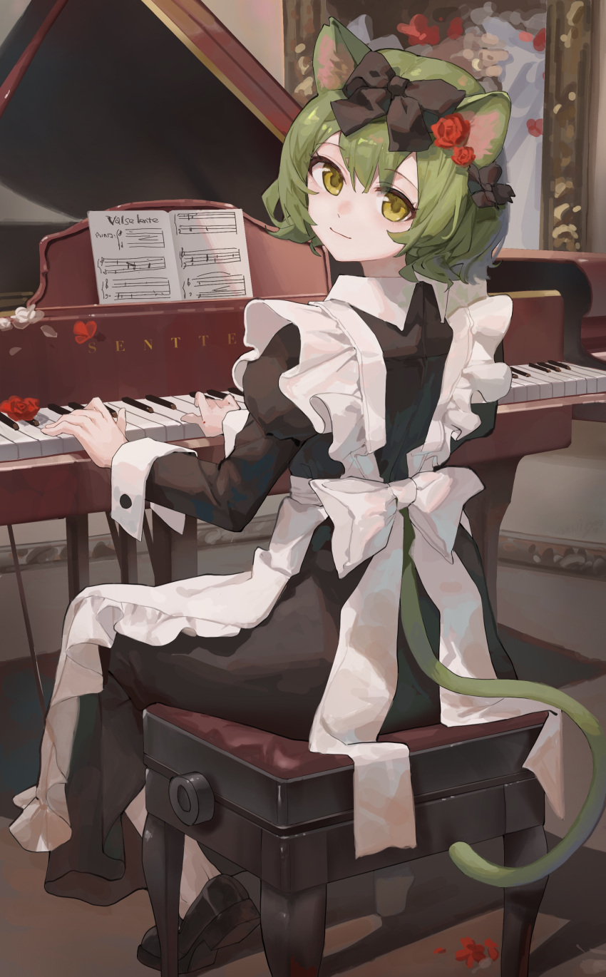 1girl absurdres animal_ears apron black_dress cat_ears cat_girl cat_tail commentary dress english_commentary flower frilled_apron frills full_body grand_piano green_hair hair_flower hair_ornament highres indoors instrument light_smile long_sleeves looking_at_viewer looking_back maid music original painting_(object) piano piano_bench picture_frame playing_instrument playing_piano red_flower red_rose rose sentter shadow sheet_music short_hair solo tail white_apron yellow_eyes