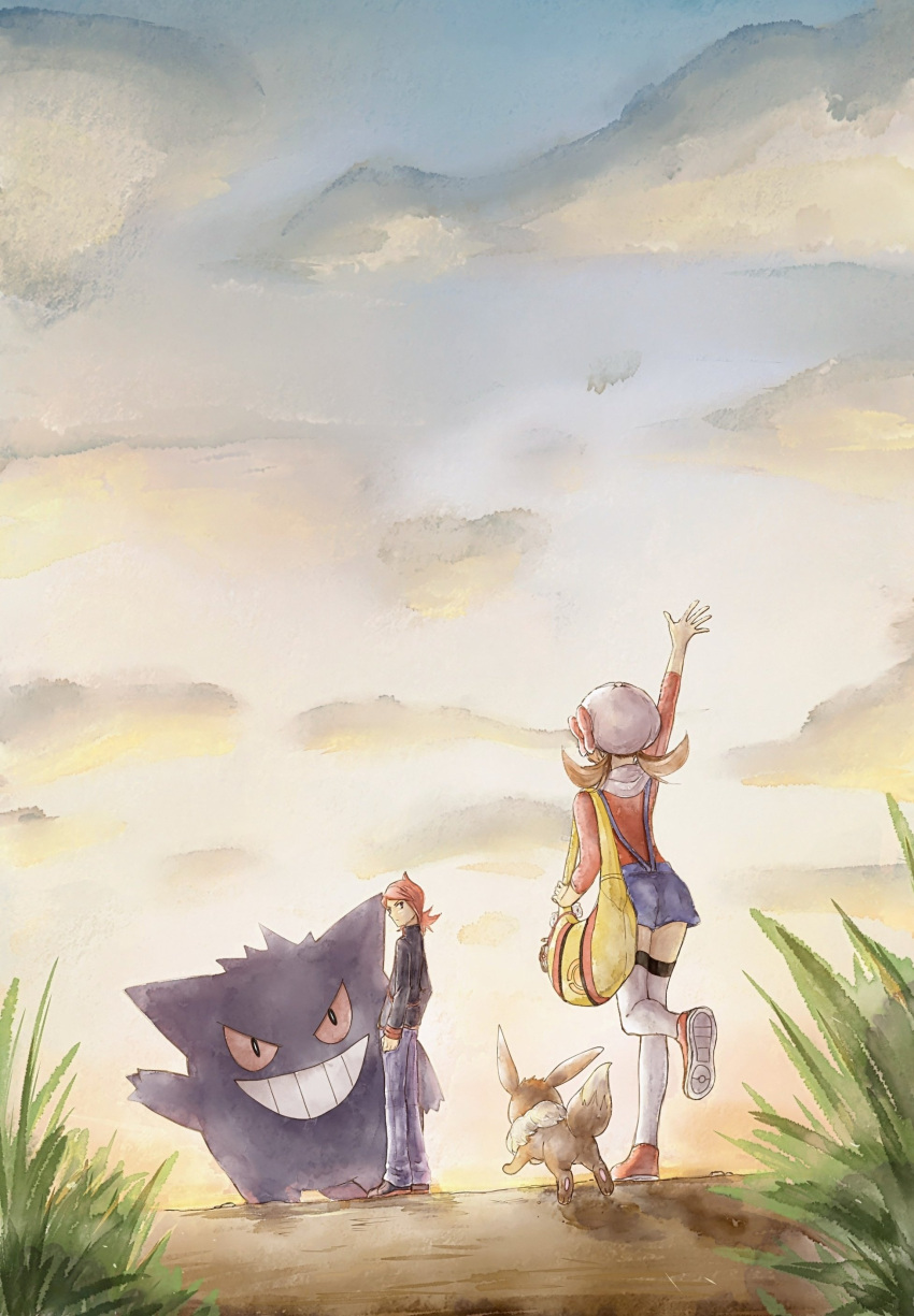 1boy 1girl absurdres arm_up asuka_rkgk brown_hair clouds cowlick day eevee gengar hat highres jacket leg_up long_hair lyra_(pokemon) outdoors overalls pants pokemon pokemon_(creature) pokemon_hgss redhead shirt shoes silver_(pokemon) sky standing thigh-highs twintails white_headwear white_thighhighs yellow_bag