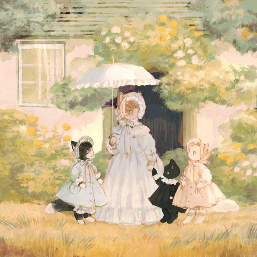1other 3girls absurdres animal animal_focus black_cat black_dress blue_bonnet blue_bow blue_dress bonnet bow button_dress cat clothed_animal collar commentary day dress dress_pocket english_commentary flower frilled_collar frilled_dress frills grass green_eyes highres holding holding_umbrella house layered_dress looking_at_another multiple_girls muntins neck_ribbon no_humans original outdoors parasol pink_bonnet pink_bow pink_dress puffy_sleeves ribbon rose rose_bush sky slit_pupils tono_(rt0no) toto_noir umbrella white_cat white_flower white_rose white_sky window yellow_flower yellow_rose