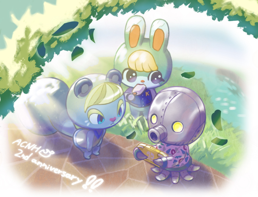 1girl 2boys :&lt; animal_crossing anniversary blonde_hair blue_eyes blue_jacket border buttons cephalobot_(animal_crossing) closed_mouth commentary_request copyright_name day dress falling_leaves food food_in_mouth furry furry_female furry_male grass grey_dress hand_up handheld_game_console highres holding holding_food holding_handheld_game_console holding_popsicle ione_(animal_crossing) jacket kopa_nishikida leaf letterman_jacket light_rays long_sleeves multiple_boys nintendo_switch outdoors popsicle print_shirt rabbit_boy sasha_(animal_crossing) shirt sleeveless sleeveless_dress squirrel_girl standing tree violet_eyes water white_border white_shirt yellow_eyes