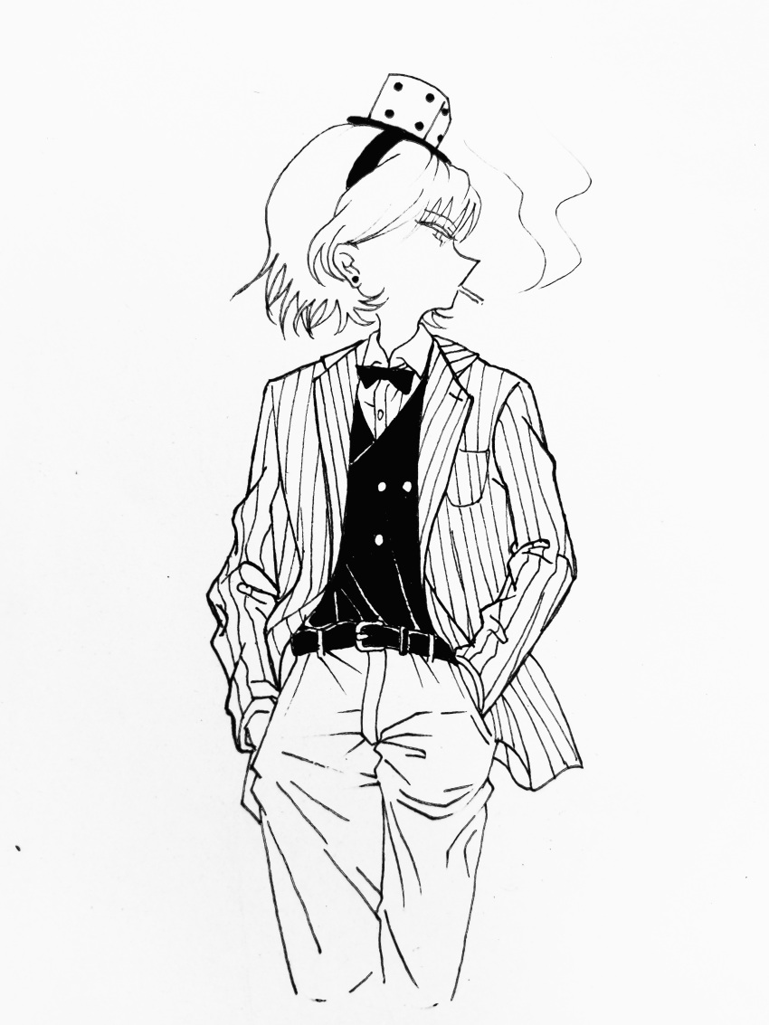 1other absurdres alternate_costume androgynous belt bow bowtie buttons cigarette collared_shirt dice_hair_ornament double-breasted greyscale gud_490811 hair_ornament hairband hands_in_pockets high_collar highres jacket len'en long_sleeves monochrome open_clothes open_jacket other_focus pants shirt short_hair simple_background smoking solo striped_clothes striped_jacket vertical-striped_clothes vertical-striped_jacket vest white_background xeno_a
