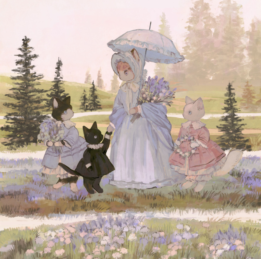1other 3girls animal animal_focus barefoot black_cat black_dress blue_bonnet blue_bow blue_dress blue_eyes blue_flower blue_headwear blue_shawl bonnet bouquet bow cat closed_mouth clothed_animal collar commentary day dress dress_pocket ears_through_headwear english_commentary flower frilled_dress frilled_shirt_collar frills full_body grass green_eyes highres hill holding holding_bouquet holding_hands holding_umbrella layered_dress long_sleeves looking_at_another multiple_girls neck_ribbon no_humans original outdoors parasol path peter_pan_collar pine_tree pink_bonnet pink_bow pink_dress pink_headwear puffy_long_sleeves puffy_sleeves ribbon rose shawl sky sleeve_cuffs slit_pupils standing tono_(rt0no) toto_noir tree umbrella violet_eyes white_cat white_flower white_rose white_sky