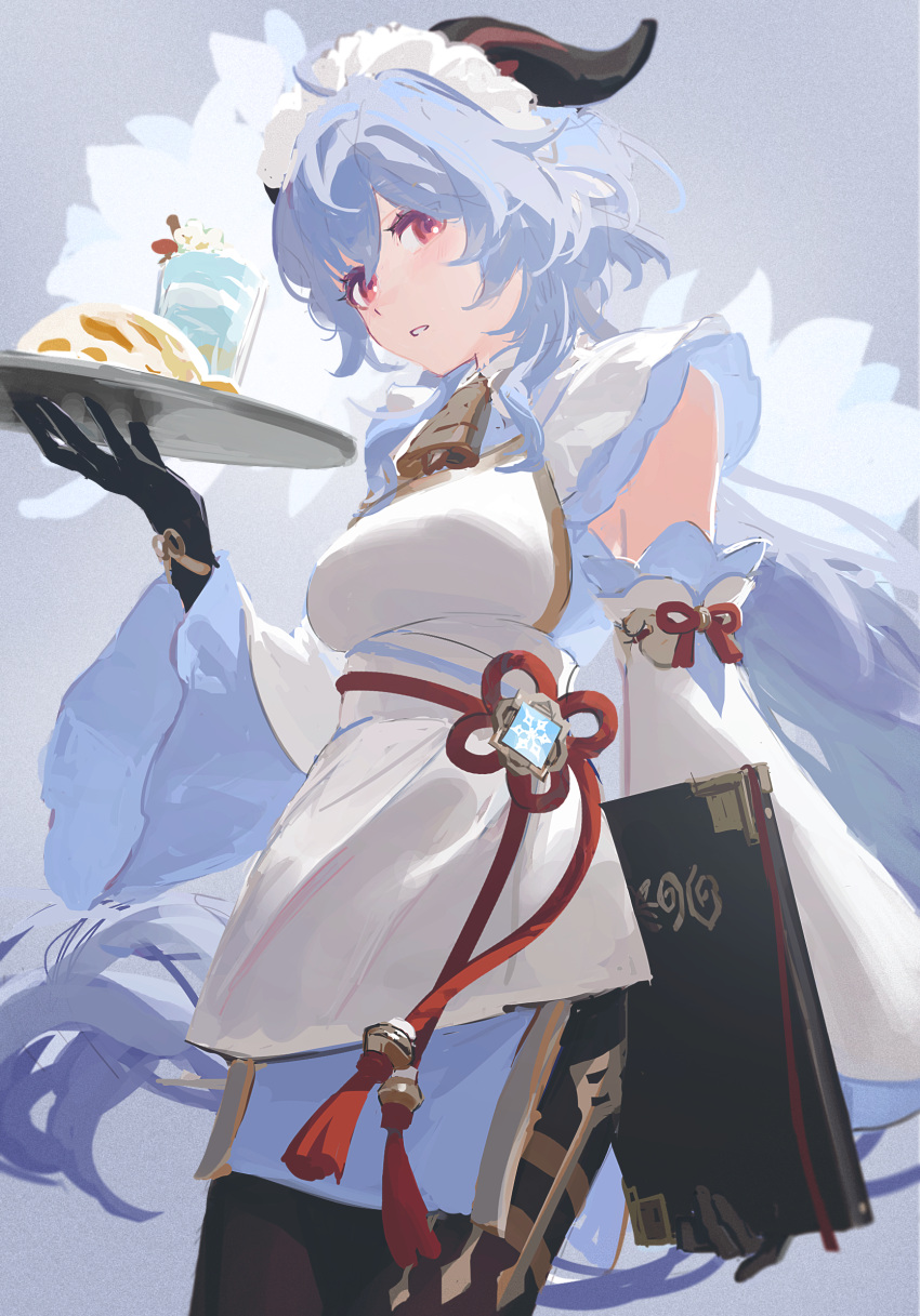 1girl bell black_gloves black_pantyhose blue_background blue_hair breasts cowbell cowboy_shot detached_sleeves dress drink film_grain food from_below ganyu_(genshin_impact) genshin_impact gloves highres holding holding_menu holding_plate horns k1llg light_blue_hair long_hair looking_at_viewer maid_headdress medium_breasts menu neck_bell pantyhose parted_lips plate red_eyes rope sketch solo vision_(genshin_impact) waitress white_dress wide_sleeves