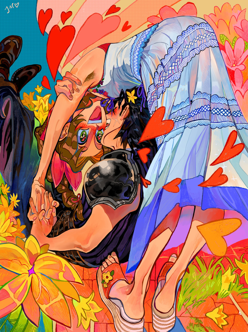 1boy 1girl absurdres aerith_gainsborough armor armpits belt black_hair black_pants black_shirt bow brown_hair commentary couple dress final_fantasy final_fantasy_vii flower hair_bow heart highres holding_hands interlocked_fingers jadenvargen looking_at_another open_mouth pants pinkbow sandals shirt short_hair shoulder_armor signature sundress teeth upper_teeth_only white_dress zack_fair