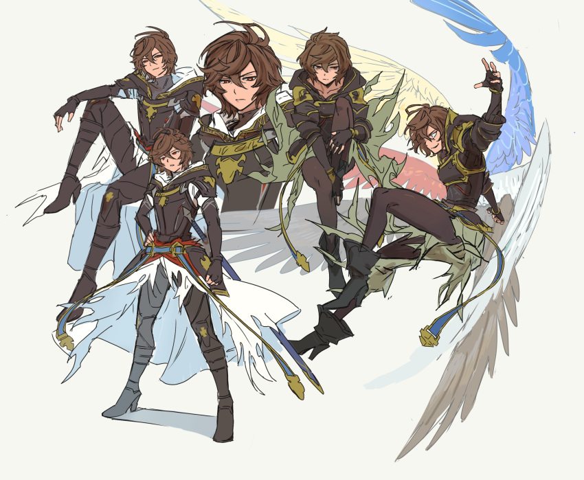 1boy ahoge antenna_hair arm_on_knee armor bishounen black_shirt blue_wings boots breastplate brown_hair cape evil_smile expressionless expressions fighting_stance fingerless_gloves flat_color gloves granblue_fantasy hair_between_eyes high_heel_boots high_heels highres hip_armor hood hood_down knees_to_chest looking_at_viewer looking_to_the_side male_focus messy_hair multiple_views pantyhose red_eyes sandalphon_(granblue_fantasy) shirt sitting sketch smile smirk standing wahoosandalphon white_background white_cape white_wings wings