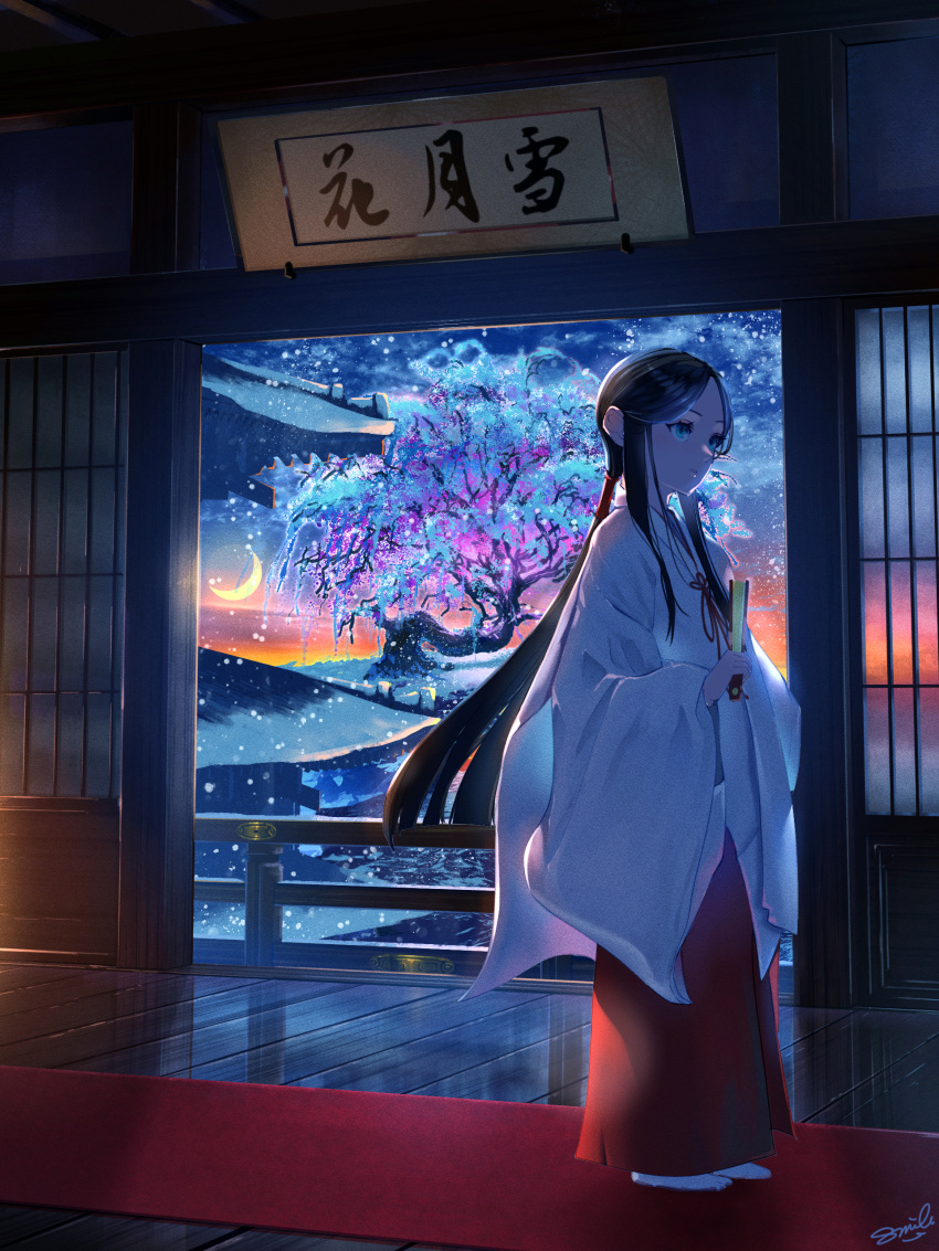 1girl absurdres cherry_blossoms clouds commentary_request crescent_moon evening fantasy hakama hakama_skirt hand_fan highres holding holding_fan japanese_clothes long_hair miko moon original paper_fan parted_bangs railing red_hakama reflective_floor scenery skirt smile_(qd4nsvik) snow socks standing star_(sky) tree very_long_hair white_background white_socks wide_sleeves wooden_floor