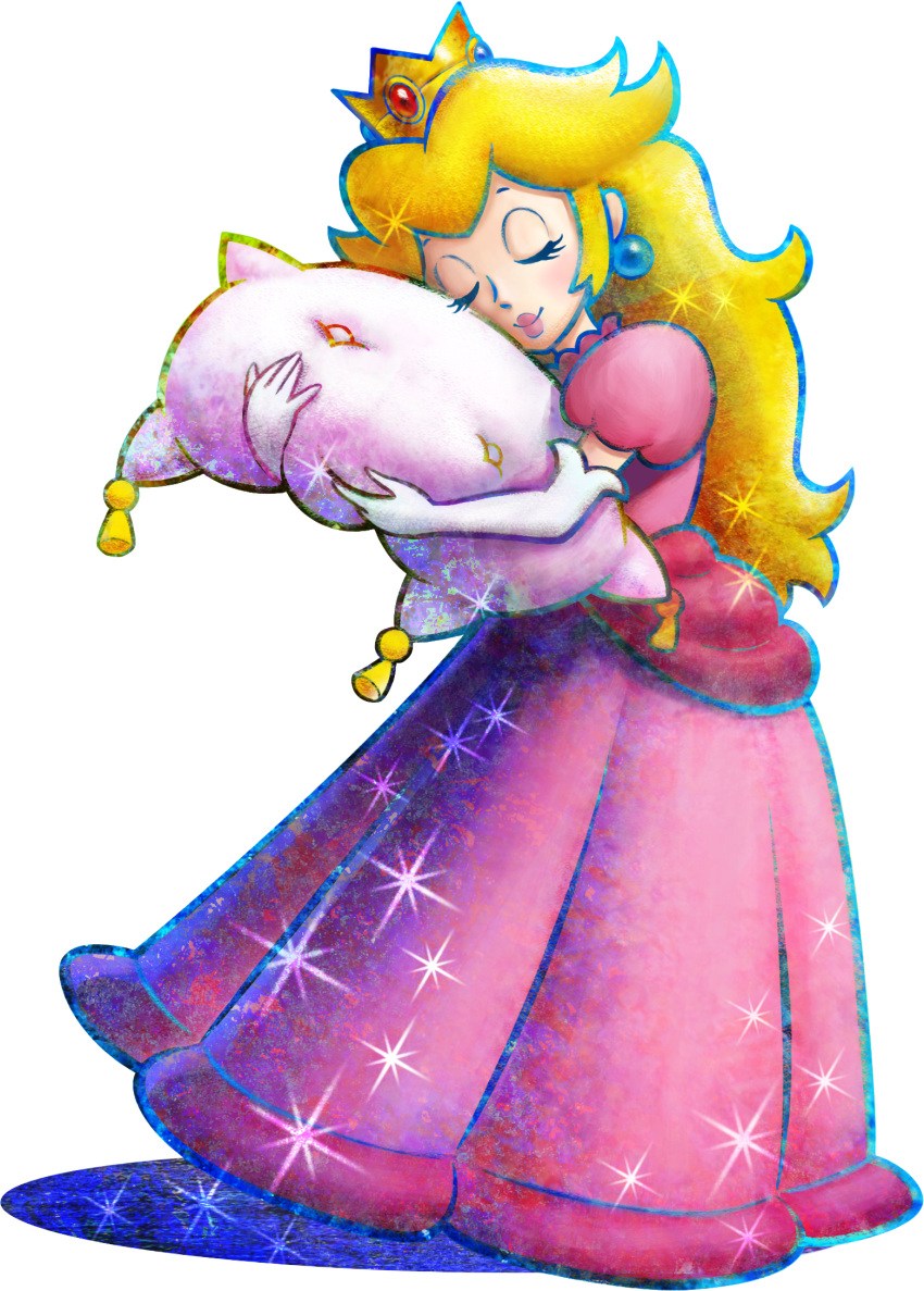 1girl artist_request blonde_hair closed_eyes closed_mouth collared_dress crown dress earrings elbow_gloves full_body gloves gold_headwear highres holding holding_pillow jewelry lace-trimmed_collar lace_trim leaning_on_object lipstick long_dress long_eyelashes long_hair makeup mario_&amp;_luigi:_dream_team mario_&amp;_luigi_rpg mini_crown official_art pillow pink_dress pink_lips pink_sleeves princess_peach puffy_short_sleeves puffy_sleeves shadow short_sleeves smile solo sparkle sphere_earrings super_mario_bros. transparent_background white_gloves