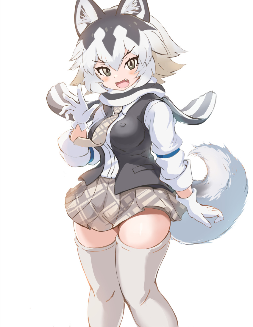 1girl animal_ears blush cowboy_shot eastern_wolf_(kemono_friends) fangs gloves grey_hair grey_necktie grey_scarf grey_skirt grey_vest hair_between_eyes highres kemono_friends koutsuu_(koutuukanseikan) long_sleeves looking_at_viewer multicolored_hair necktie open_clothes open_mouth open_vest plaid plaid_necktie plaid_skirt pleated_skirt scarf short_hair sidelocks skirt sleeve_cuffs smile solo tail thigh-highs two-tone_hair two-tone_scarf vest white_gloves white_hair white_scarf white_thighhighs wolf_ears wolf_girl wolf_tail yellow_eyes zettai_ryouiki