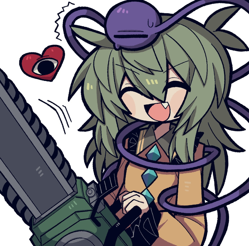 1girl :d black_eyes blush buttons chainsaw closed_eyes collared_shirt diamond_(shape) diamond_button empty_eyes fang frilled_shirt frilled_shirt_collar frilled_sleeves frills green_hair hair_between_eyes happy heart holding holding_chainsaw holding_weapon jaggy_lines komeiji_koishi long_hair long_sleeves motion_lines no_headwear open_mouth shirt simple_background smile solo sweat sweatdrop third_eye tongue touhou trembling v-shaped_eyebrows weapon white_background yellow_shirt zunusama