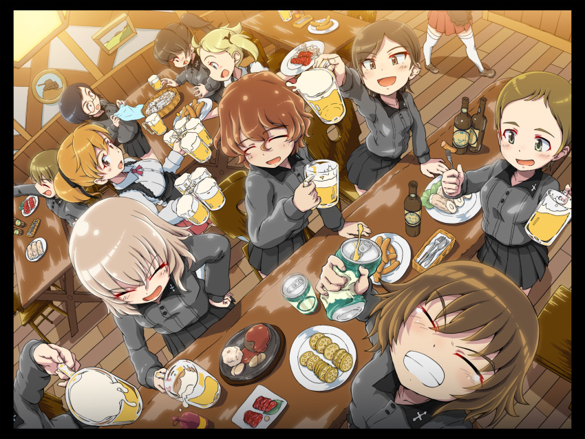 6+girls absurdres akaboshi_koume alcohol arm_up beer beer_bottle beer_can beer_mug black_border black_ribbon black_skirt blonde_hair border brown_eyes brown_hair can closed_eyes commentary_request commission cup dress_shirt drink_can dutch_angle food girls_und_panzer grey_hair grey_shirt grin hair_ribbon hand_on_own_hip hida_ema highres holding holding_can holding_cup indoors iruma_anna itsumi_erika itsumi_erika's_loader katsuya_megu kojima_emi kuromorimine_school_uniform kuroneko_douji leaning_forward long_sleeves medium_hair miniskirt mug multiple_girls neck_ribbon on_chair open_mouth partial_commentary party pixiv_commission plate pleated_skirt ponytail red_ribbon red_skirt ribbon school_uniform shirt shoes short_hair short_ponytail skirt smile spoilers standing table textless_version thigh-highs twintails very_short_hair waitress white_shirt white_thighhighs wing_collar wooden_floor