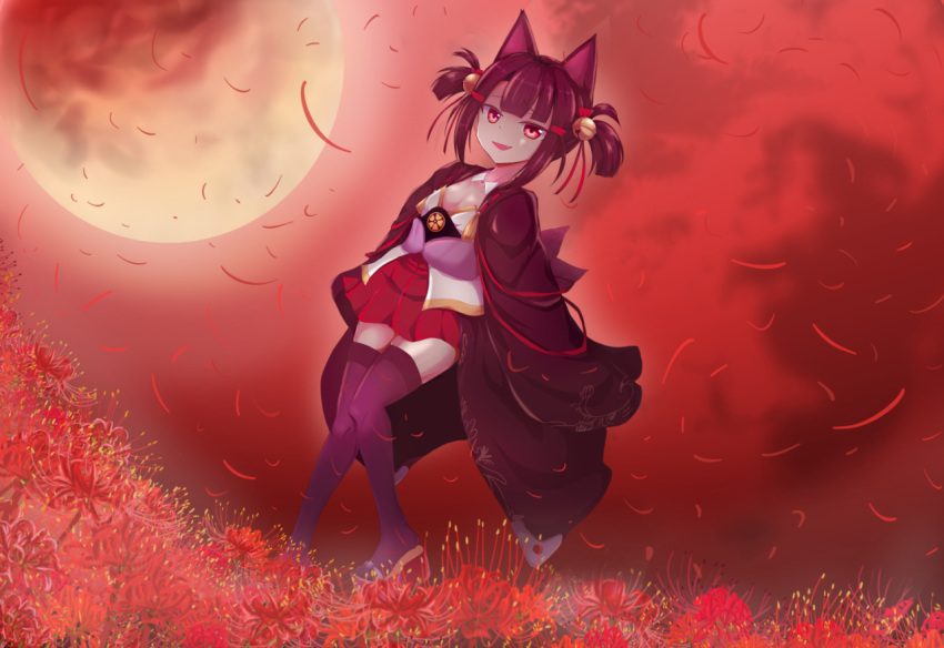 1girl akagi-chan_(azur_lane) animal_ears azur_lane bell black_kimono black_thighhighs brown_hair flower fox_ears fox_girl fox_tail full_moon hair_bell hair_ornament huge_moon japanese_clothes kimono moon multiple_tails mutsuki_shougatsu night night_sky open_mouth outdoors petals platform_footwear pleated_skirt red_clouds red_eyes red_flower red_skirt ribbon-trimmed_kimono sandals short_hair skirt sky smile solo spider_lily tail thigh-highs twintails wide_sleeves zettai_ryouiki