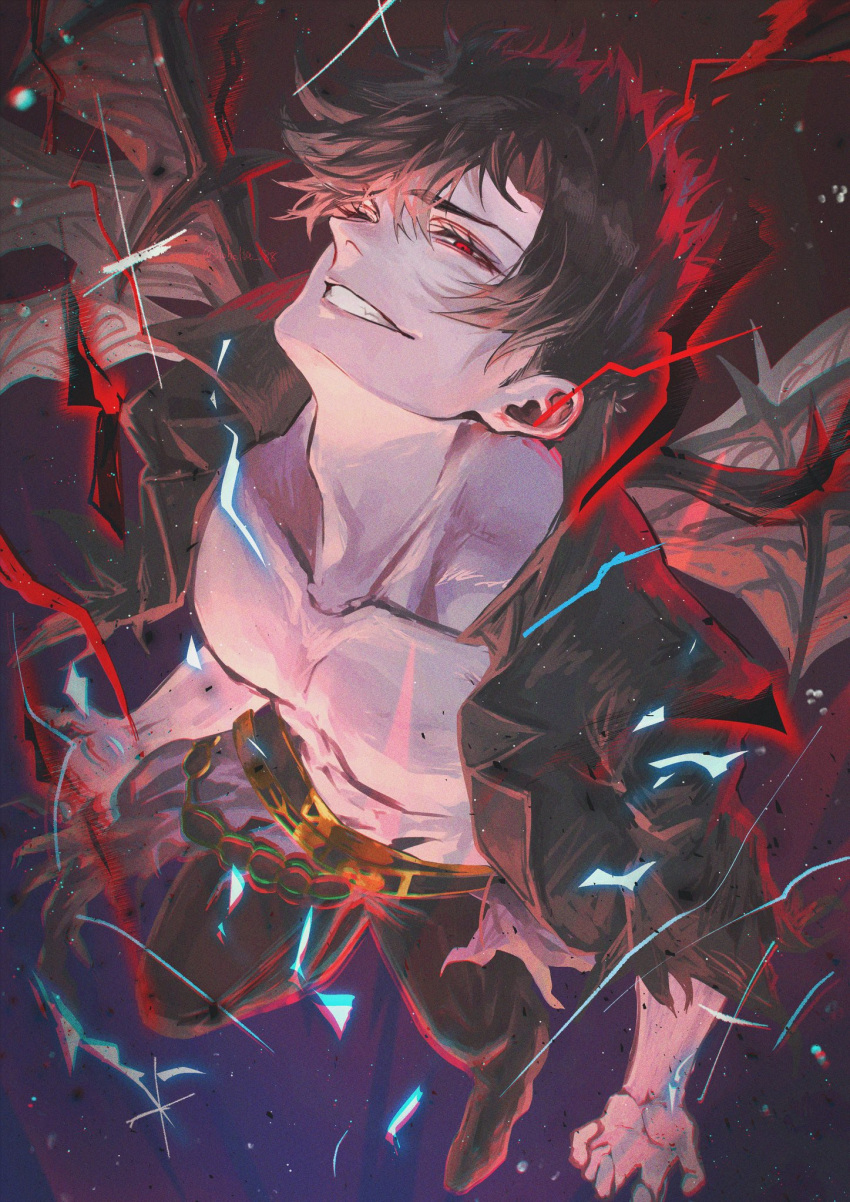 1boy abs bad_face belial_(granblue_fantasy) belt bishounen black_jacket broken_glass brown_hair chromatic_aberration collarbone commentary electricity evil_grin evil_smile feather_boa glass granblue_fantasy grin hair_between_eyes head_tilt highres jacket looking_up male_focus open_clothes open_jacket pants parted_bangs pectorals powering_up red_eyes sakuraba_taku short_hair smile solo_focus spiky_hair topless_male