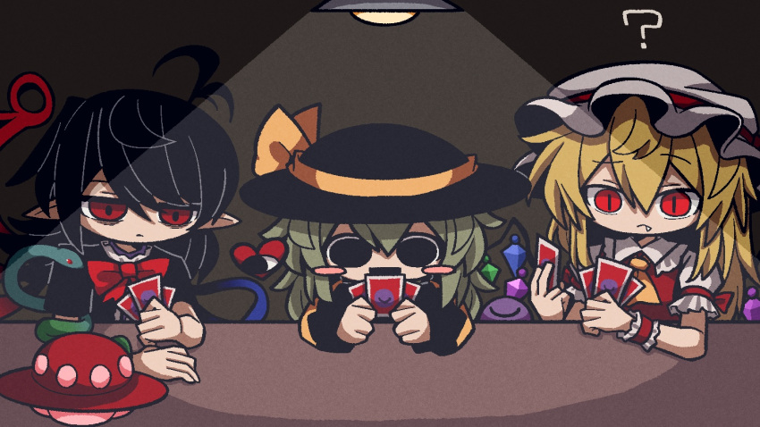 3girls ? arm_ribbon asymmetrical_wings bags_under_eyes black_dress black_eyes black_hair black_headwear blonde_hair blue_gemstone blush blush_stickers card collar collared_shirt dress empty_eyes expressionless fang fang_out flandre_scarlet frilled_hat frilled_shirt frilled_shirt_collar frilled_sleeves frilled_wristband frills gem green_collar green_gemstone green_hair hair_between_eyes hat hat_ornament hat_ribbon heart holding holding_card houjuu_nue jewelry komeiji_koishi light_bulb long_hair long_sleeves looking_at_another looking_at_object mob_cap multiple_girls neck_ribbon neckerchief open_mouth playing_card pointy_ears ponytail puffy_short_sleeves puffy_sleeves purple_gemstone red_eyes red_ribbon red_vest red_wristband ribbon shirt short_hair short_sleeves side_ponytail sleeve_ribbon slit_pupils smile snake table third_eye touhou ufo vampire vest white_headwear white_shirt wings wristband yellow_neckerchief yellow_ribbon yellow_shirt zunusama