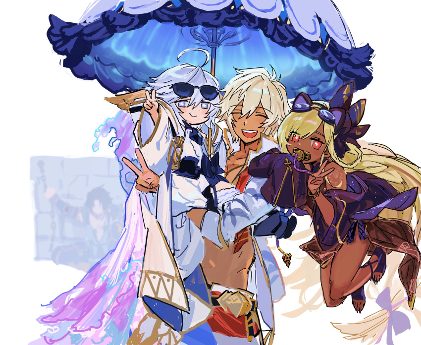 2boys 2girls ahoge animal_ear_hairband animal_ears blonde_hair blue_eyes blush bow breasts brick_wall bright_pupils cape cat_ear_hairband cat_ears chain chained closed_eyes dark_skin dress fake_animal_ears flat_chest floating floating_hair goggles goggles_on_head granblue_fantasy hair_between_eyes hairband harvin helel_ben_shalem highres holding holding_umbrella jacket jacket_on_shoulders lancelot_(granblue_fantasy) long_braid long_sleeves lucio_(granblue_fantasy) messy_hair multiple_boys multiple_girls official_alternate_costume open_clothes open_jacket oversized_clothes see-through size_difference sketch small_breasts smile star-shaped_pupils star_(symbol) sundress sunglasses symbol-shaped_pupils tan topless_male umbrella v wahoosandalphon wamdus_(granblue_fantasy) white_background white_hair white_pupils wide_sleeves