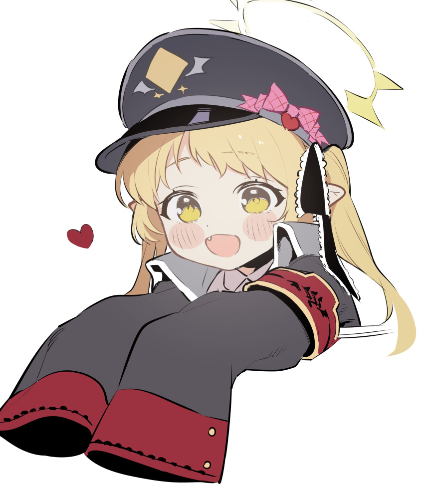 1girl :d absurdres armband black_coat blanchat blonde_hair blue_archive blush bow coat commentary cropped_torso fang grey_headwear hair_ribbon hat hat_bow highres ibuki_(blue_archive) jacket looking_at_viewer military_jacket open_mouth oversized_clothes peaked_cap pink_bow pointy_ears ribbon side_ponytail simple_background smile solo symbol-only_commentary twintails upper_body white_background yellow_eyes