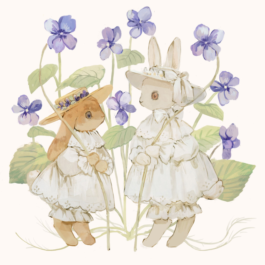 2girls animal animal_focus barefoot blue_flower bow brown_eyes cat closed_mouth clothed_animal dress ears_through_headwear flower frilled_dress frilled_shirt_collar frills hat hat_bow hat_flower hat_ribbon highres layered_dress long_sleeves multiple_girls neck_ribbon no_humans orange_eyes original puffy_long_sleeves puffy_sleeves rabbit ribbon simple_background slit_pupils straw_hat tono_(rt0no) white_background white_bow white_dress white_headwear white_rabbit_(animal) white_ribbon