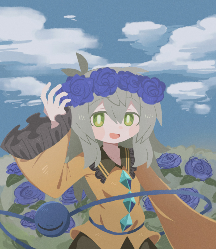 1girl blouse blue_flower blue_rose blue_sky blush bright_pupils buttons day diamond_button film_grain flower flower_wreath frilled_shirt_collar frilled_sleeves frills green_eyes green_skirt hair_between_eyes hand_up hat highres komeiji_koishi long_sleeves looking_at_viewer medium_hair no_headwear no_lineart no_sclera open_mouth outdoors revision rose shirt skirt sky smile solo touhou upper_body wide_sleeves yellow_shirt zunusama