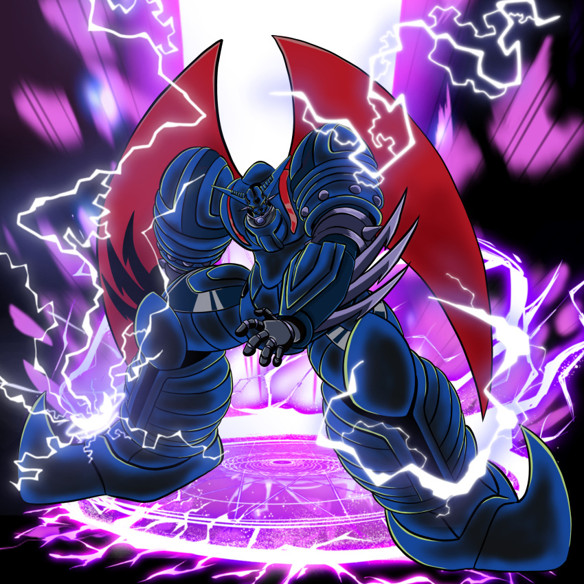 arm_blade armor aura ayachu_(getter_robo_artist) black_background blue_armor blue_eyes colored_sclera energy getter_robo getter_robo_(1st_series) god_getter highres horns hunched_over joints lightning looking_at_viewer magic_circle mecha mechanical_horns mechanical_wings no_humans ornate_armor purple_lightning red_stripes red_wings robot robot_joints shin_getter_robo_vs_neo_getter_robo spikes super_robot weapon wings yellow_sclera