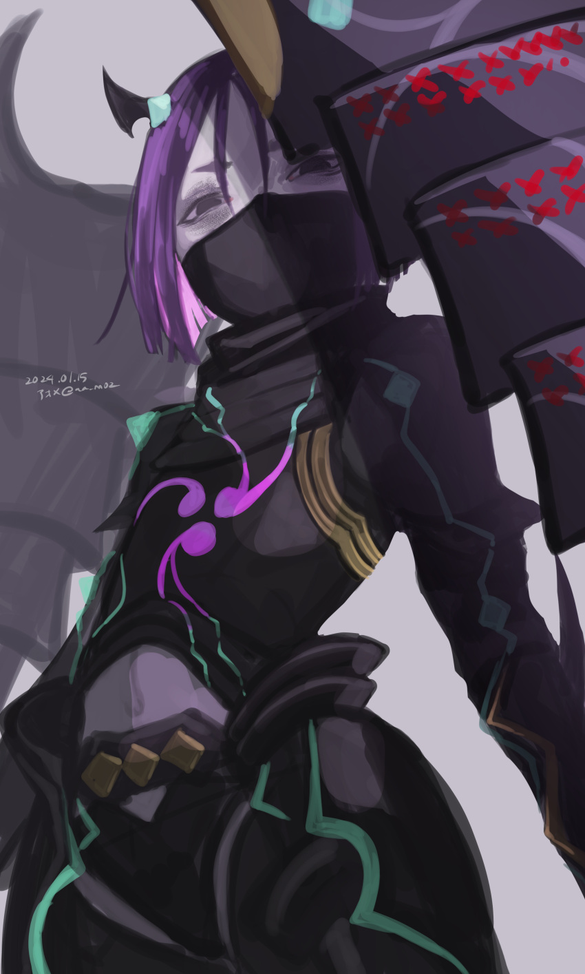 1girl absurdres armor black_armor black_eyes black_scarf breasts covered_navel dou fate/grand_order fate/samurai_remnant fate_(series) hair_ornament highres japanese_armor kote looking_at_viewer mask medium_breasts minamoto_no_raikou_(fate) mouth_mask neon_trim parted_bangs purple_hair rider_(fate/samurai_remnant) scarf short_hair shoulder_armor sode solo thighs wa_(87s-87)