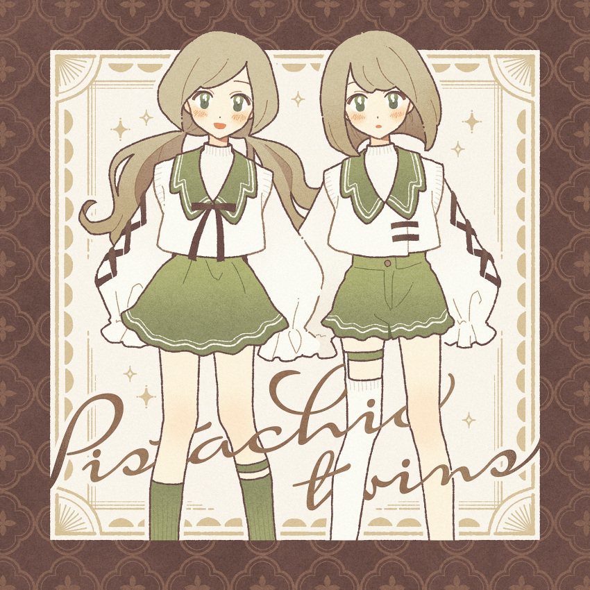 2girls :d :o black_ribbon blonde_hair blunt_ends blush border brown_border commentary_request dot_nose feet_out_of_frame frilled_sleeves frills green_eyes green_shorts green_skirt green_socks highres kneehighs long_hair looking_at_viewer multiple_girls nahara_saki neck_ribbon open_mouth original ribbon short_hair shorts siblings single_thighhigh sisters skirt sleeves_past_fingers sleeves_past_wrists smile socks sparkle standing sweater sweater_vest thigh-highs thigh_strap twins twintails white_background white_sweater white_sweater_vest white_thighhighs