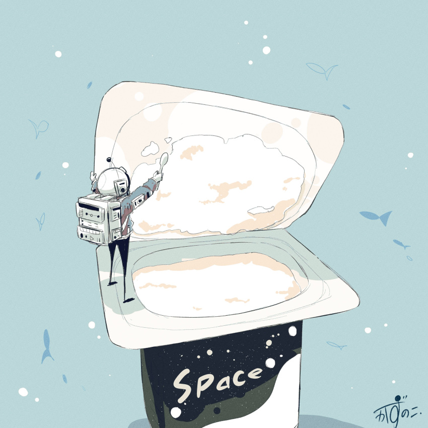 1other absurdres astronaut backpack bag blue_background box cleaning clouds fish from_behind hands_up helmet highres kazunoko_(kazunoko_zunoco) mini_person original outstretched_arm simple_background solo space space_helmet standing yogurt