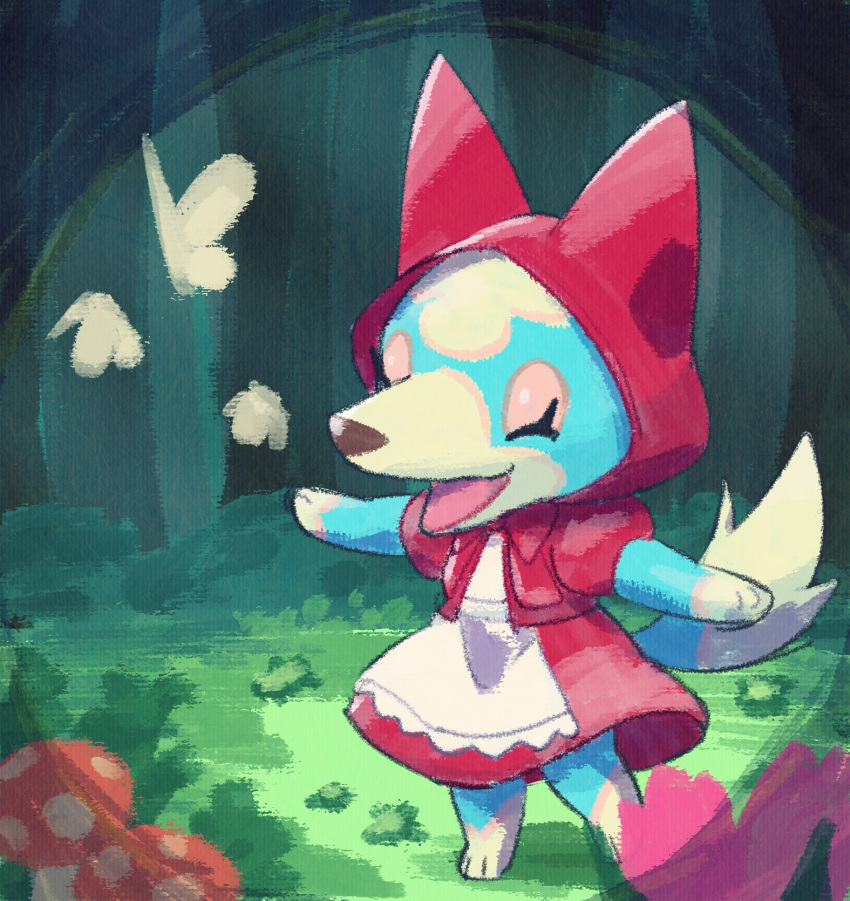 1girl :d ^_^ animal_crossing apron bow bowtie bug butterfly closed_eyes commentary_request dress flower forest furry furry_female grass happy highres hood hood_up hooded_dress kopa_nishikida mushroom nature open_mouth outdoors pink_flower puffy_short_sleeves puffy_sleeves red_bow red_bowtie red_dress short_sleeves skye_(animal_crossing) smile solo standing tree white_apron white_butterfly wolf_girl