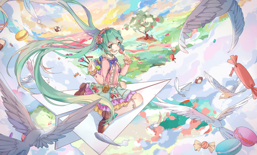 1girl :d alternate_costume bird biscuit_(bread) bow bowtie brown_footwear candy chinese_commentary clouds commentary_request day dove dress feathers flying food frilled_dress frilled_hairband frilled_shirt_collar frilled_sleeves frills green_eyes green_hair green_skirt hairband hatsune_miku holding holding_candy holding_food holding_lollipop holding_pocky lollipop long_hair long_sleeves looking_at_viewer looking_back macaron mary_janes mountain multicolored_clothes multicolored_skirt multicolored_sky natie_(latte) open_mouth outdoors paper_airplane pill pink_bow pink_shirt pocky purple_bow purple_bowtie purple_skirt shirt shoes sitting skirt sky smile solo star_(symbol) tree twintails vocaloid wariza wrapped_candy yellow_skirt