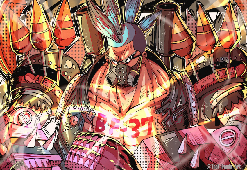 1boy black_jacket blue_hair close-up cyborg english_commentary franky_(one_piece) highres jacket male_focus mask one_piece one_piece_film:_red solo sunglasses that_one_panda weapon