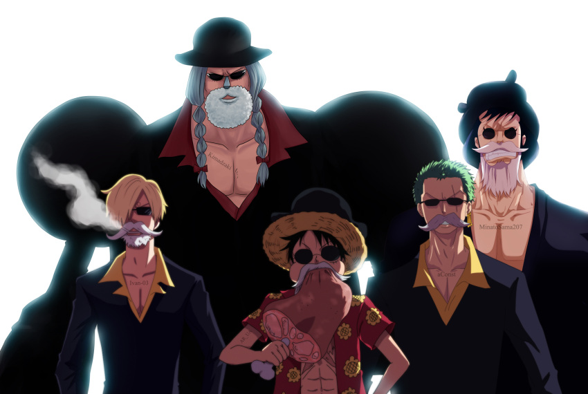 5boys ar-ua artist_name black_hair black_headwear blonde_hair blue_hair boned_meat braid cigarette clenched_teeth collarbone commentary curly_eyebrows earrings eating english_commentary fake_beard fake_facial_hair fake_mustache food formal franky_(one_piece) green_hair hair_over_one_eye hat highres holding holding_food jewelry kinemon looking_at_viewer meat monkey_d._luffy multiple_boys one_eye_covered one_piece open_clothes open_mouth roronoa_zoro round_eyewear sanji_(one_piece) scar scar_across_eye scar_on_chest scar_on_face short_hair simple_background single_earring smoke smoking straw_hat suit sunglasses teeth twin_braids white_background