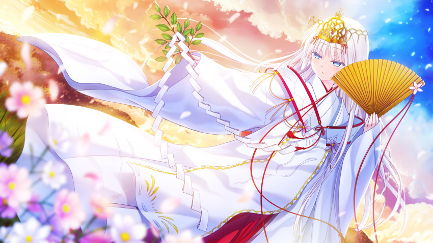 1girl blue_eyes blunt_ends blurry branch clouds dancing depth_of_field dusk dutch_angle falling_petals floating_hair flower folding_fan game_cg hair_between_eyes half-closed_eyes hand_fan hand_up highres holding holding_branch holding_fan japanese_clothes kimono leaf light_blush long_hair miko na-ga naruse_shiroha official_alternate_costume official_art outdoors outstretched_arm parted_lips petals pink_flower purple_flower red_tassel sleeves_past_wrists solo summer_pockets tiara very_long_hair white_hair white_kimono wide_sleeves