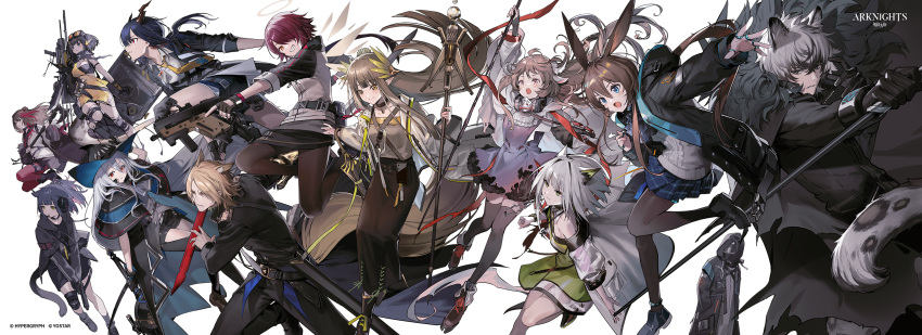 1other 2boys 6+girls ambiguous_gender amiya_(arknights) animal_ears anklet arknights arm_up axe bear_ears bear_girl belt_pouch black_choker black_eyes black_footwear black_headwear black_jacket black_pants black_pantyhose black_shirt black_thighhighs blonde_hair blue_eyes blue_hair blue_headwear brown_hair cane cat_ears cat_girl ch'en_(arknights) choker closed_mouth clothing_cutout coat collared_shirt commentary_request company_name copyright_name curled_horns detached_wings doctor_(arknights) dragon_girl dragon_horns elf eunectes_(arknights) exusiai_(arknights) eyjafjalla_(arknights) feet_out_of_frame foot_out_of_frame full_body goggles green_eyes grey_eyes grey_hair grin gun halo hand_up hat headphones highres holding holding_axe holding_cane holding_gun holding_shield holding_staff holding_weapon hood hood_up horns horse_boy horse_ears horse_tail infection_monitor_(arknights) itefu jacket jessica_(arknights) jewelry jumping kal'tsit_(arknights) leopard_boy leopard_ears leopard_girl leopard_tail long_hair long_skirt long_sleeves looking_ahead mask midair mlynar_(arknights) muelsyse_(arknights) multicolored_hair multiple_boys multiple_girls multiple_rings necktie off_shoulder open_mouth outstretched_arm pants pantyhose pointy_ears pouch rabbit_ears rabbit_girl red_eyes redhead respirator ring scabbard serious sheath sheep_ears sheep_girl sheep_horns shield shirt short_hair sideways_glance silverash_(arknights) simple_background skadi_(arknights) skirt smile snake_girl snake_tail spotted_tail staff streaked_hair tail thigh-highs thigh_cutout two-sided_fabric two-sided_headwear unworn_goggles weapon white_background white_coat white_jacket white_shirt wings yellow_eyes yellow_necktie zima_(arknights)