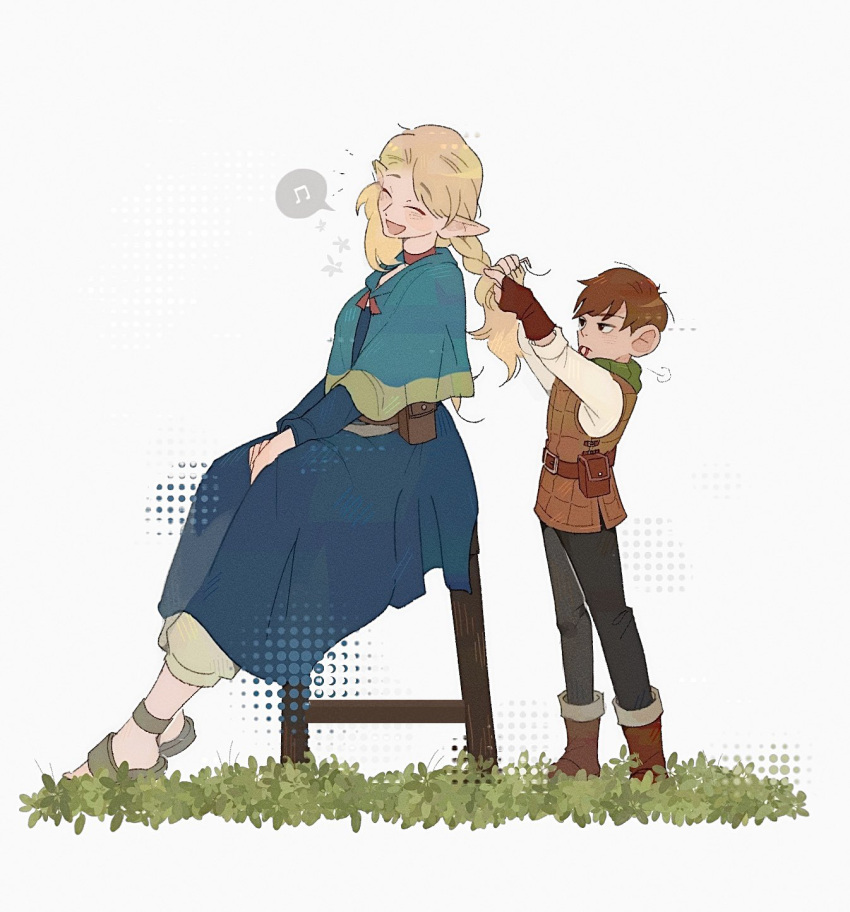 1boy 1girl blonde_hair brown_hair chilchuck_tims closed_eyes dress dungeon_meshi elf hair_around_ear hand_in_another's_hair highres jjhoa long_hair long_sleeves marcille_donato pointy_ears short_hair smile tagme white_background