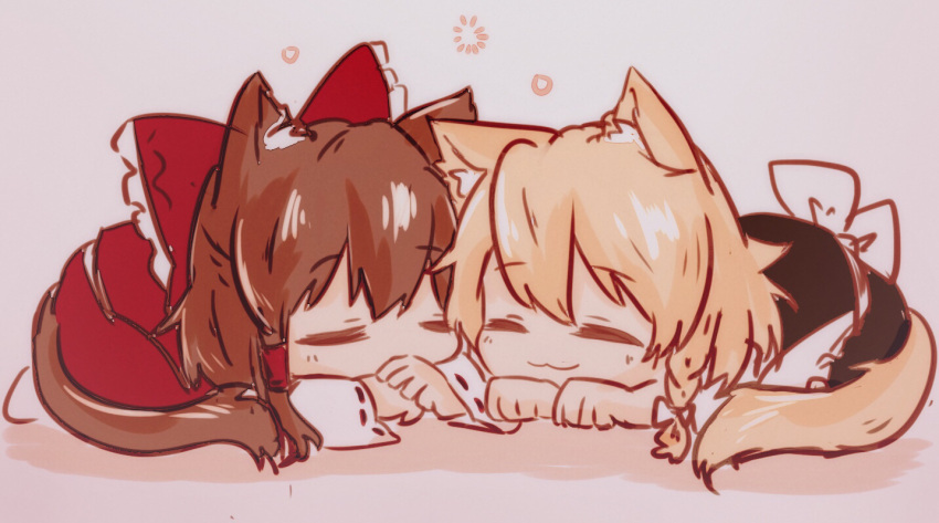 2girls :3 animal_ear_fluff animal_ears blonde_hair bow braid brown_hair cat_ears cat_tail closed_eyes commentary frilled_bow frills hair_bow hair_tubes hakurei_reimu kirisame_marisa light_blush long_hair lying multiple_girls niangao_(8490593) no_headwear on_stomach red_bow ribbon-trimmed_sleeves ribbon_trim side_braid single_braid sleeping smile symbol-only_commentary tail touhou white_bow