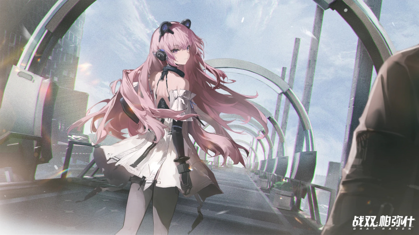 animal_ears artist_request bare_back bare_shoulders bear_ears building city cityscape collar commandant_(punishing:_gray_raven) dress glass headphones highres looking_at_viewer looking_back mechanical_arms official_art pantyhose pink_eyes pink_hair punishing:_gray_raven skyscraper smile teddy_(punishing:_gray_raven)