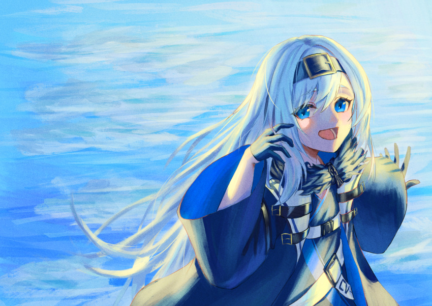 1girl :d absurdres azur_lane black_coat black_dress black_gloves black_hairband blue_eyes bon_homme_richard_(azur_lane) coat curly_hair dress english_commentary fur-trimmed_coat fur_trim gloves hair_between_eyes hairband hand_up happy highres long_hair long_sleeves open_clothes open_coat outdoors outstretched_arm saure_teigtasche smile solo upper_body very_long_hair white_hair wide_sleeves