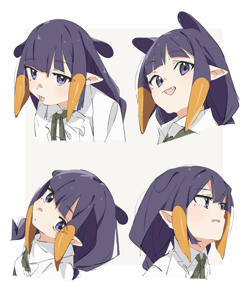 08chiwa 1girl blunt_bangs closed_mouth collared_shirt commentary_request cropped_torso dot_mouth expressions fang gradient_hair green_ribbon grimace highres hololive hololive_english long_hair looking_at_viewer mole mole_under_eye multicolored_hair multiple_views neck_ribbon ninomae_ina'nis official_alternate_costume open_mouth pointy_ears portrait purple_hair ribbon shirt sidelocks simple_background smile tentacle_hair tongue tongue_out violet_eyes virtual_youtuber white_background white_shirt