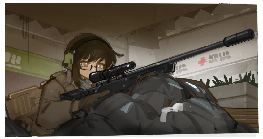 1girl bag bright_pupils brown_gloves brown_hair escape_from_tarkov glasses gloves grey_eyes gun headset highres indoors mall rifle scope short_hair sign sketch sniper_rifle solo suppressor trash_bag weapon weapon_request white_pupils xerbatt