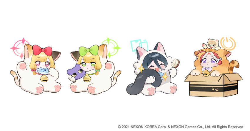 4girls :3 animal_costume animal_ears animal_hands aris_(blue_archive) black_hair blonde_hair blue_archive bow box brushing_hair cat cat_costume cat_ears cat_paws cat_tail chibi closed_eyes closed_mouth comb ekoru game_development_department_(blue_archive) green_bow hair_bow hand_up holding holding_comb in_box in_container midori_(blue_archive) momoi_(blue_archive) multiple_girls official_art red_bow redhead sitting stuffed_animal stuffed_fish stuffed_toy tail yuzu_(blue_archive)