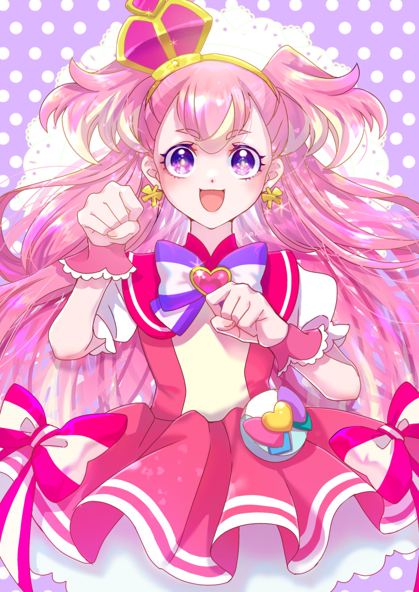 1girl :d blonde_hair bow brooch cowboy_shot crown cure_wonderful dot_nose dress dress_bow earrings hairband heart heart_brooch highres inukai_komugi jewelry long_hair looking_at_viewer magical_girl mini_crown multicolored_bow multicolored_hair open_mouth paw_pose petticoat pink_dress pink_hair polka_dot polka_dot_background pouch precure purple_background purple_bow short_dress smile solo standing straight-on streaked_hair striped_bow tilted_headwear two-tone_hair two_side_up violet_eyes waka_(negronoir) wonderful_precure! wrist_cuffs yellow_hairband