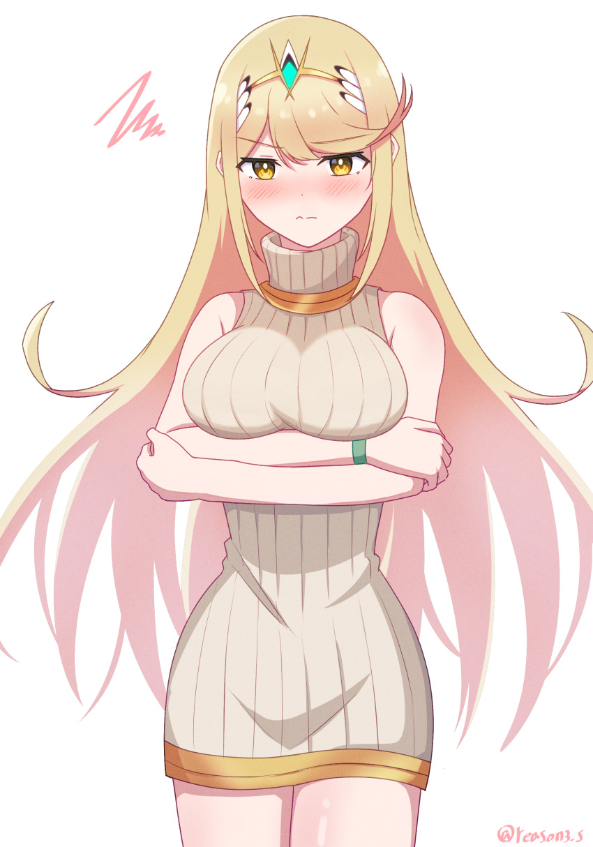 1girl absurdres artist_name bare_shoulders blonde_hair blush crossed_arms highres long_hair mythra_(xenoblade) pout reason3_s ribbed_sweater sleeveless sleeveless_turtleneck solo sweater tiara turtleneck white_background wristband xenoblade_chronicles_(series) xenoblade_chronicles_2 yellow_eyes