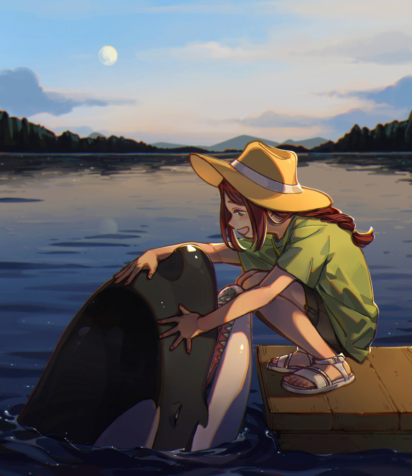1girl animal black_shorts brown_hair check_commentary clouds commentary_request dock evening from_side full_moon green_shirt hat hi-fi_(fijazzy) highres long_hair moon open_mouth orange_headwear orca original outdoors profile sandals sharp_teeth shirt shorts sky solo squatting sun_hat teeth water white_footwear