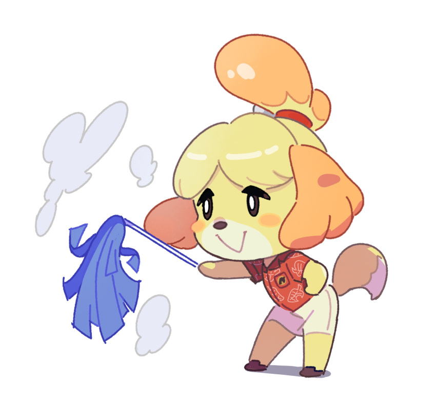 1girl :&gt; animal_crossing black_eyes blush blush_stickers breast_pocket bright_pupils cleaning closed_mouth collared_shirt commentary_request dog_girl dust_cloud duster furry furry_female hair_tie highres holding holding_duster isabelle_(animal_crossing) kopa_nishikida leaf_print leaning_forward pocket print_shirt red_shirt shirt short_sleeves simple_background skirt smile solo standing topknot white_background white_pupils white_skirt