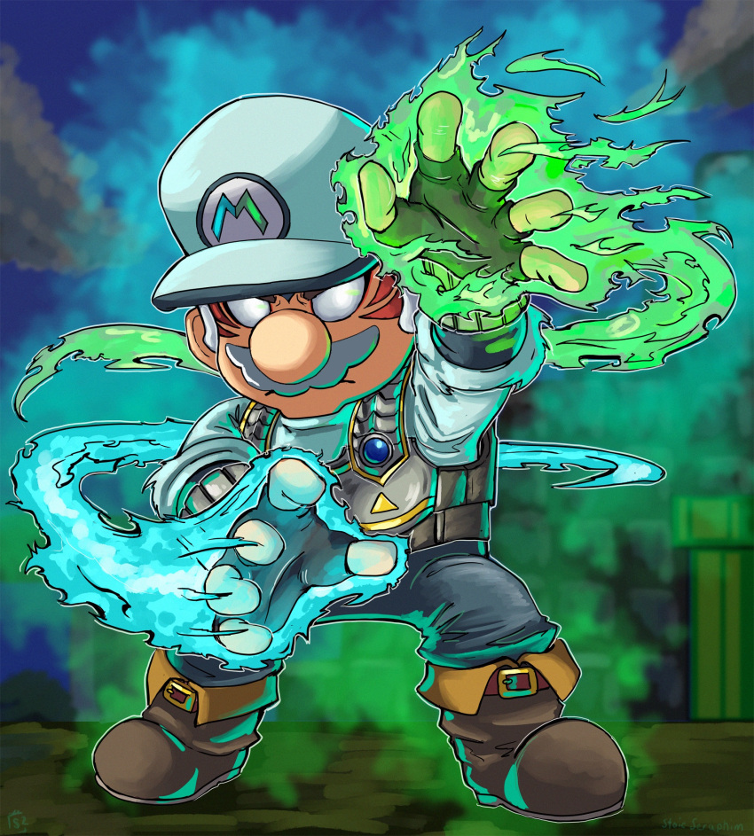 alternate_costume alternate_eye_color alternate_hair_color angry armor aura blue_gemstone clouds corruption crossover dark_persona facial_hair facial_tattoo fierce_deity fingerless_gloves fire frown gem gloves glowing hat highres letter looking_at_viewer mario mustache nintendo no_pupils pants possessed reaching reaching_towards_viewer shoes short_hair standing stoic_seraphim super_mario_bros. super_smash_bros. tattoo the_legend_of_zelda the_legend_of_zelda:_majora's_mask triangle white_eyes white_hair