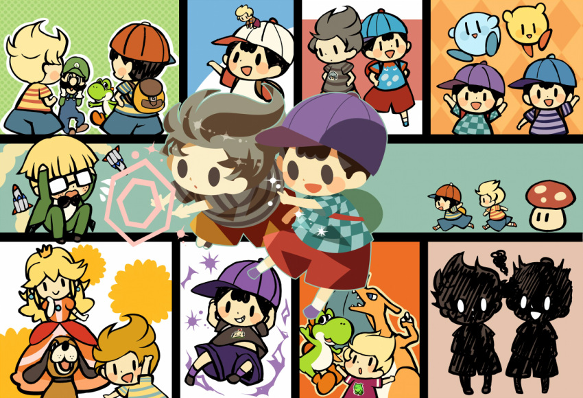 6+boys alternate_color arm_up arms_up baseball_cap black_bow black_bowtie black_hair blonde_hair blue_headwear blue_shorts blush_stickers bow bowl_cut bowtie brown_bag brown_shorts burnt casting_spell charizard checkered_clothes checkered_shirt claus_(mother_3) claus_(mother_3)_(cosplay) cosplay crown dog_(duck_hunt) dress duck_hunt ducking facial_hair freckles glasses green_headwear green_jacket green_pants grey_hair grin hands_on_own_head hands_on_own_hips hat hitofutarai index_finger_raised jacket jeff_andonuts kirby kirby_(series) lucas_(mother_3) luigi masked_man_(mother_3) midriff_peek mini_person miniboy mother_(game) mother_2 mother_3 multiple_boys mustache ness_(mother_2) open_mouth orange_dress outline overalls pants player_2 pokemon pokemon_(creature) princess_peach purple_footwear purple_headwear purple_shorts purple_socks raglan_sleeves red_shorts rocket running sharp_teeth shirt shorts sideways_hat smile socks solid_oval_eyes squiggle striped_clothes striped_shirt super_mario_bros. super_mushroom super_smash_bros. teeth waving white_headwear white_outline white_shirt white_socks yoshi