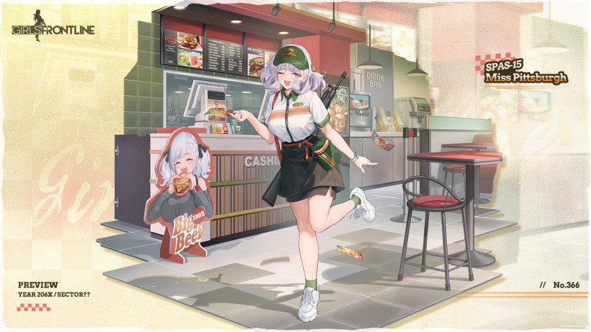 1girl ;d apron black_apron black_skirt blush booth_seating breasts burger cash_register ceiling_light chair character_cutout character_name coffee_maker collared_shirt commentary copyright_name counter employee_uniform english_commentary english_text fast_food fast_food_uniform fingernails flyer food full_body girls_frontline green_bag green_headwear green_socks gun highres holding_flyer large_breasts looking_at_viewer menu_board napkin official_alternate_costume official_art one_eye_closed restaurant second-party_source shadow shirt short_sleeves shotgun skirt smile socks soda_fountain solo spas-12_(girls'_frontline) spas-15 spas-15_(girls'_frontline) spas-15_(miss_pittsburgh)_(girls'_frontline) standing standing_on_one_leg table teeth tile_floor tiles u_jie uniform upper_teeth_only visor_cap waist_apron watch watch weapon white_footwear white_shirt