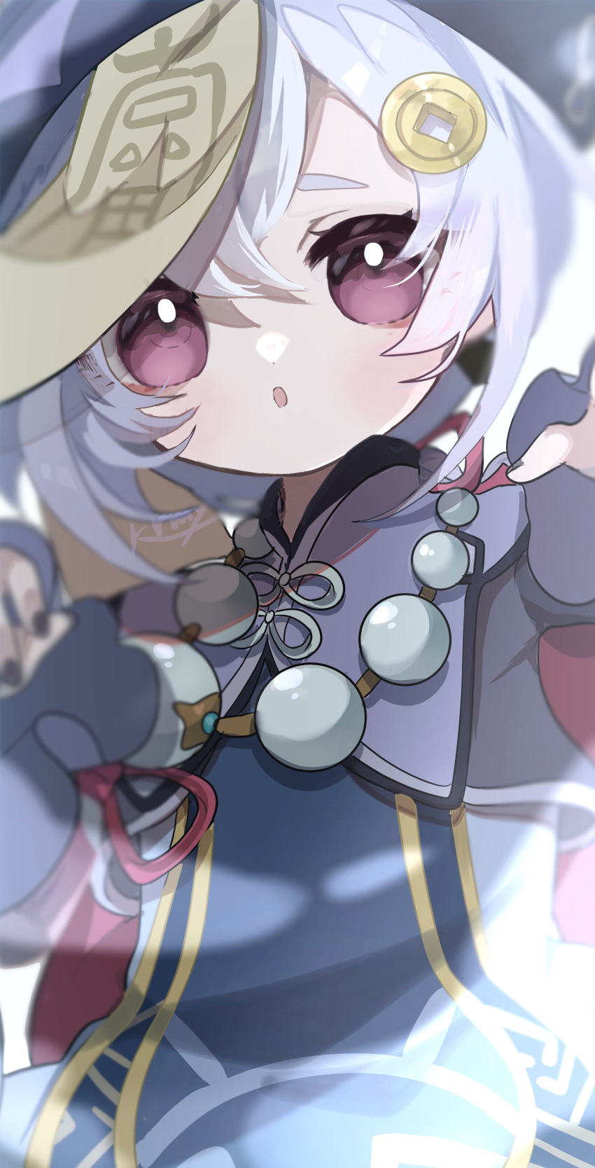 1girl :o absurdres bead_necklace beads black_nails blush close-up coin_hair_ornament dress genshin_impact hair_between_eyes hair_ornament hat highres jewelry jiangshi kurumiya_(krmy_p) long_sleeves looking_at_viewer necklace ofuda ofuda_on_head open_mouth outstretched_arms purple_dress purple_hair purple_headwear qingdai_guanmao qiqi_(genshin_impact) solo violet_eyes white_background zombie_pose
