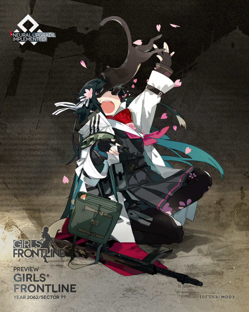 1girl :o arm_up black_cat black_gloves black_hair black_pantyhose black_skirt cat character_name cherry_blossom_print cherry_blossoms coat commentary copyright_name covering_another's_eyes english_commentary fingerless_gloves floral_print flower flying_teardrops full_body girls_frontline gloves green_bag gun hair_flower hair_ornament hair_ribbon high-waist_skirt highres karei long_sleeves neckerchief official_alternate_costume official_art pantyhose pink_neckerchief pleated_skirt pouch red_scarf ribbon scarf second-party_source skirt snap-fit_buckle solo squatting striped_ribbon submachine_gun sweatdrop teeth type_100 type_100_(girls'_frontline) type_100_(mod3)_(girls'_frontline) upper_teeth_only weapon weapon_on_floor white_coat white_ribbon