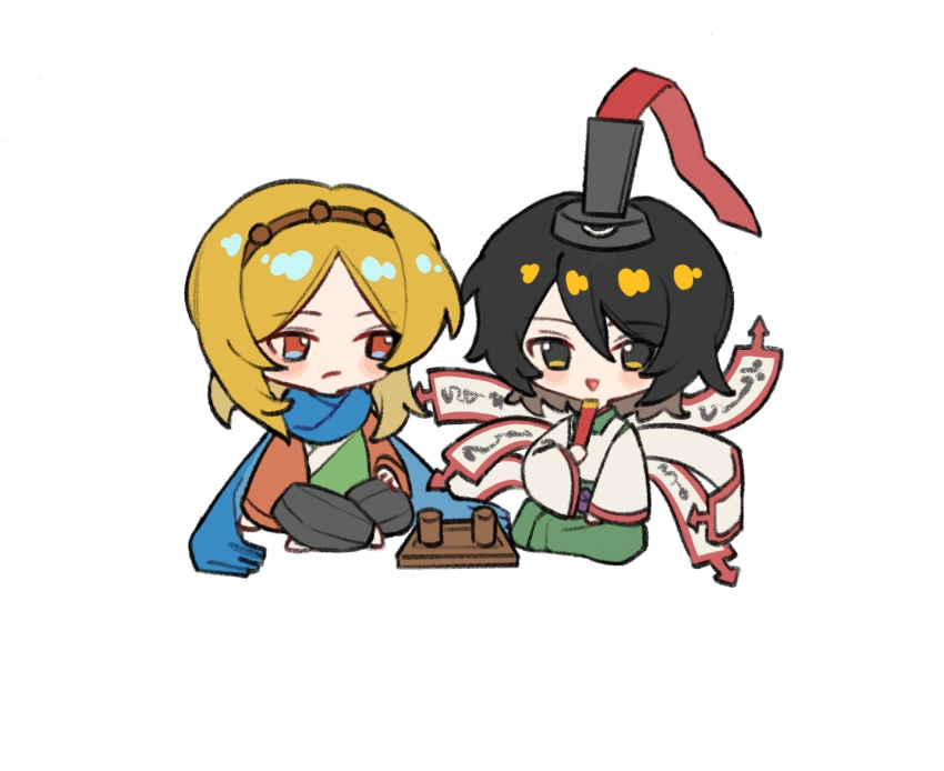 2others androgynous arrow_(symbol) black_eyes black_hair black_headwear black_pants blonde_hair blue_scarf blush_stickers brown_hairband chibi chinese_commentary closed_mouth commentary_request crossed_legs cup detached_sleeves eye_of_senri green_kimono hair_between_eyes hairband hat japanese_clothes jishixingle1029 kariginu kimono len'en medium_hair multicolored_eyes multiple_others no_nose ofuda open_mouth other_focus pants red_sleeves red_trim scarf senri_tsurubami short_hair simple_background sitting tate_eboshi white_background white_sleeves wide_sleeves wooden_cup zuifeng_tenkai