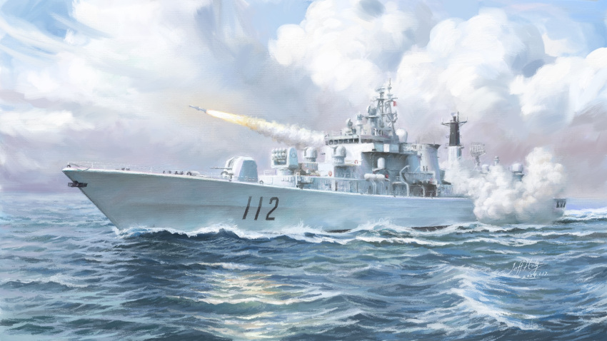 clouds dated destroyer firing harbin_(ddg-112) highres jeffholy military_vehicle missile no_humans ocean people's_liberation_army people's_liberation_army_navy radar_dish real_life rocket_launcher ship signature smoke turret type_052_destroyer warship watercraft waves weapon